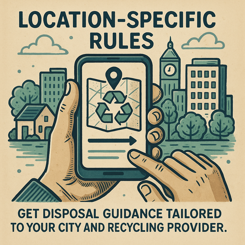 A smartphone showing location-based recycling rules for different cities